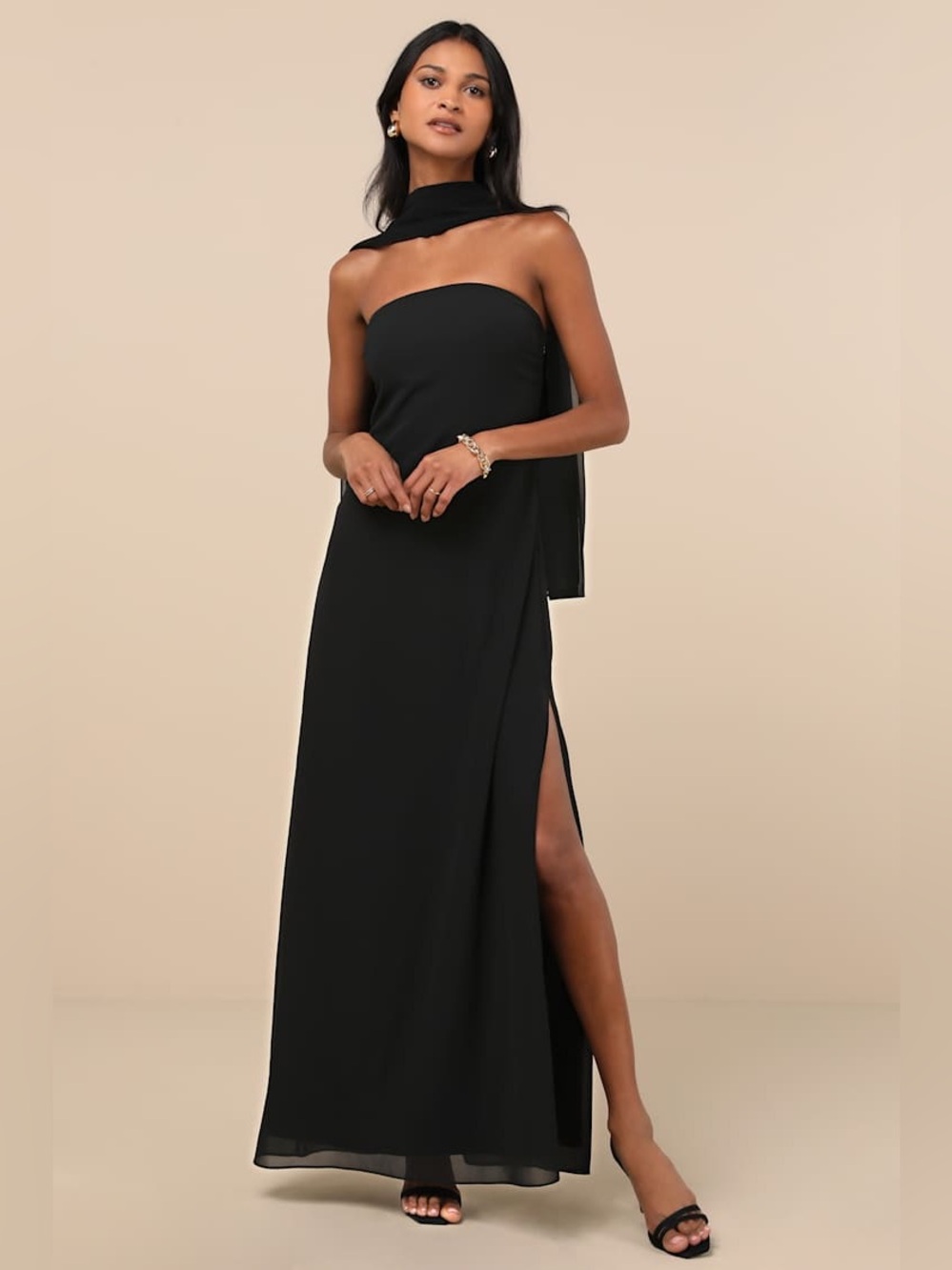 NWT Lulus Rawya Black Strapless Maxi Dress and Scarf Set Size Large